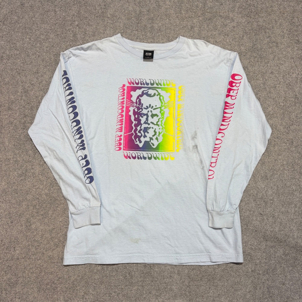 Obey Mind Control Worldwide Long Sleeve Graphic T-Shirt Light Blue Mens Large